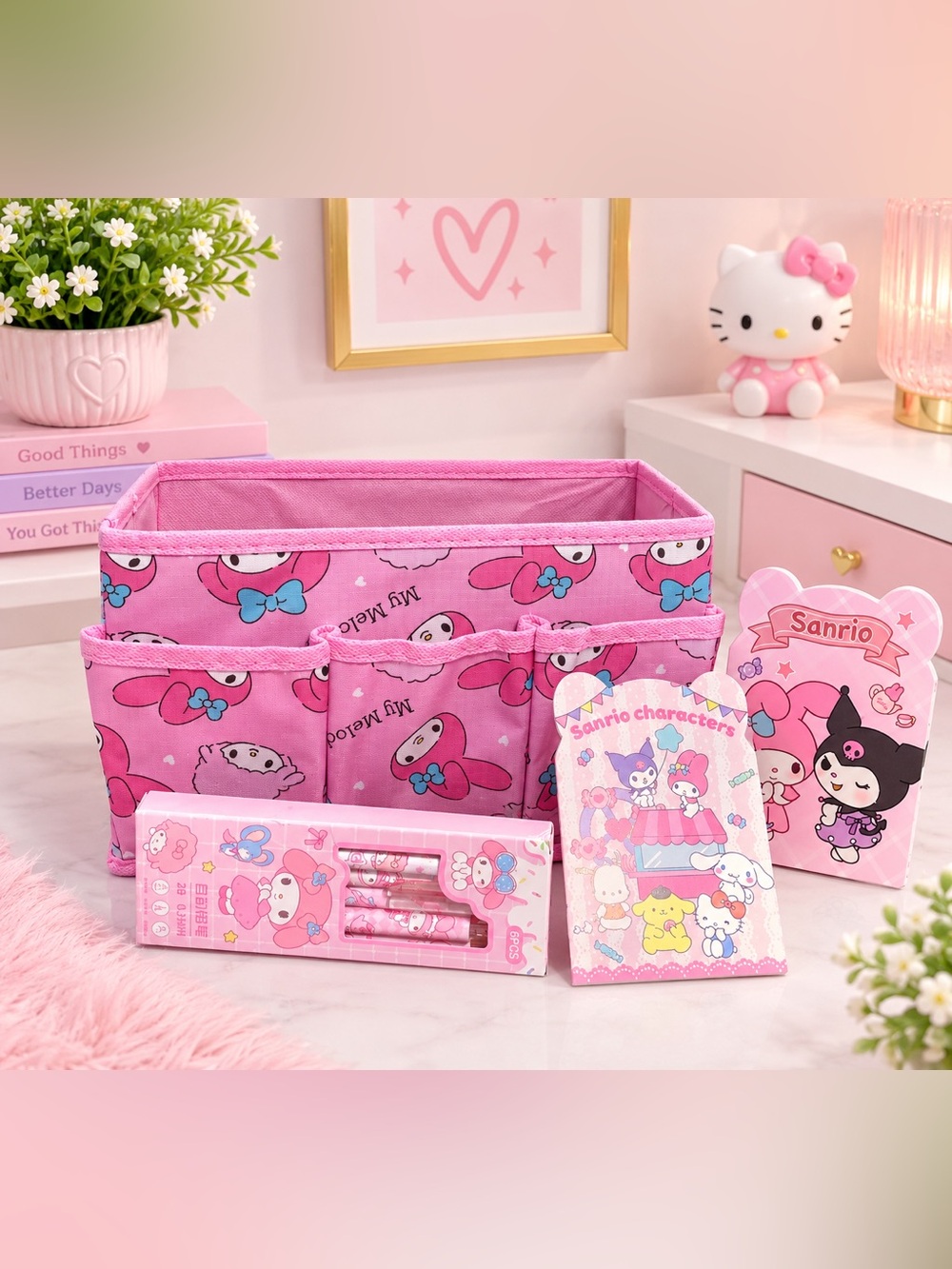 Pink My Melody Sanrio Desk Organizer & Stationery Gift Bundle – New